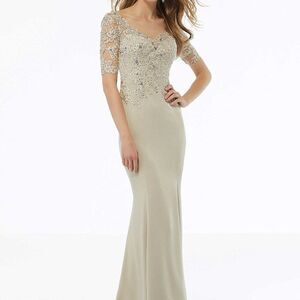 Champagne Beaded Embroidered Mother of the Bride Gown with Sleeves MGNY 72108
